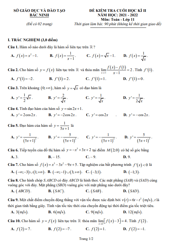 de kiem tra cuoi hoc ki 2 hk2 lop 11 mon toan nam 2021 2022 so gd dt bac ninh d