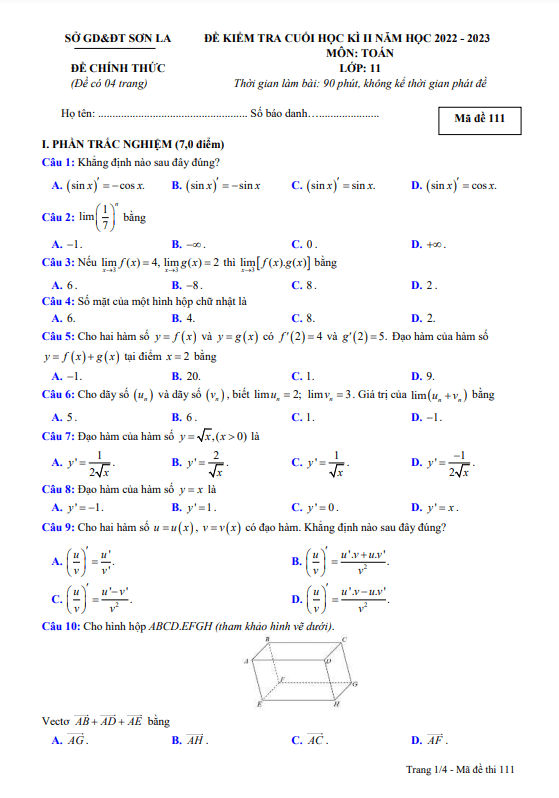 de kiem tra cuoi hoc ki 2 hk2 lop 11 mon toan nam 2022 2023 so gd dt son la d