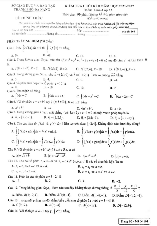de kiem tra cuoi hoc ki 2 hk2 lop 12 mon toan nam 2021 2022 so gd dt da nang d