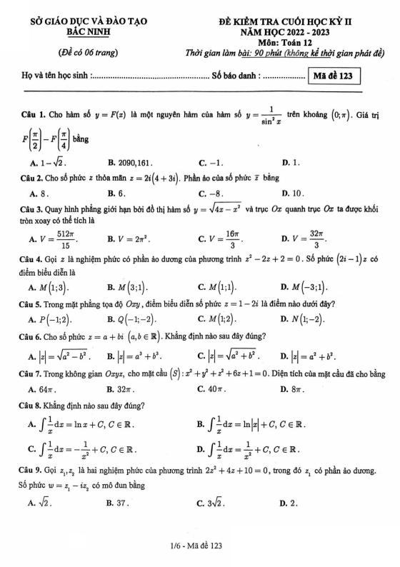 de kiem tra cuoi hoc ki 2 hk2 lop 12 mon toan nam 2022 2023 so gd dt bac ninh d