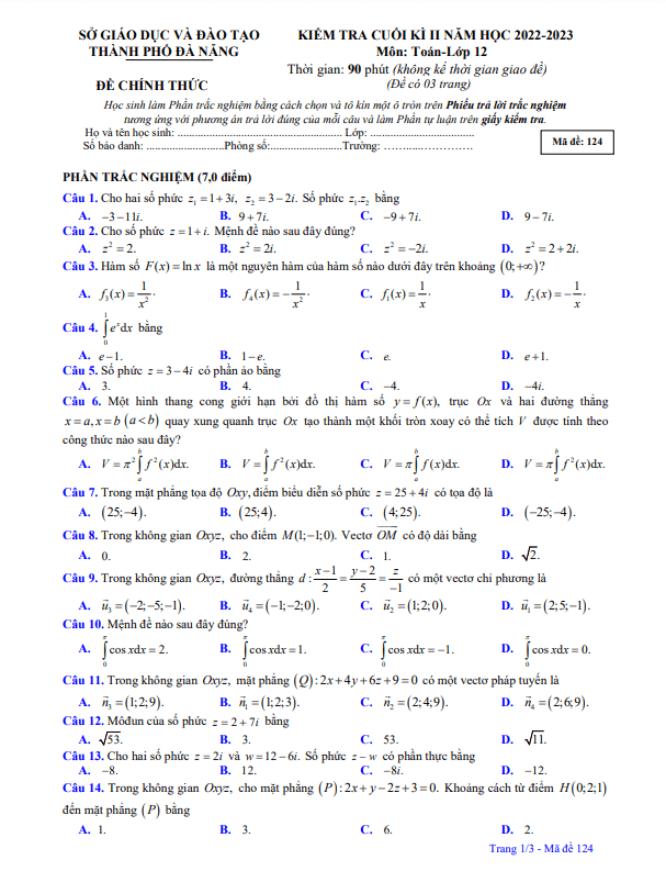 de kiem tra cuoi hoc ki 2 hk2 lop 12 mon toan nam 2022 2023 so gd dt da nang d