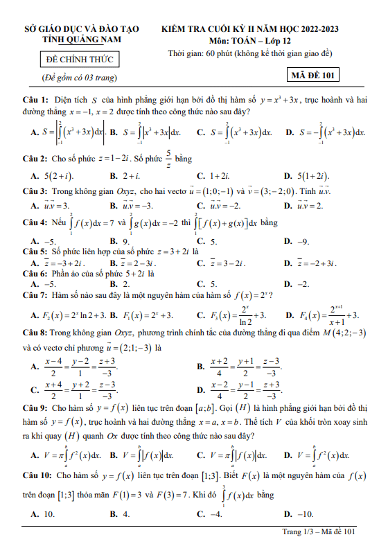 Đề kiểm tra cuối học kì 2 (HK2) lớp 12 môn Toán năm 2022 2023 sở GD ĐT Quảng Nam 6 de kiem tra cuoi hoc ki 2 hk2 lop 12 mon toan nam 2022 2023 so gd dt quang nam d