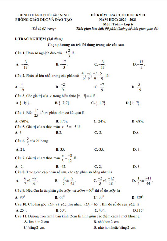 de kiem tra cuoi hoc ki 2 hk2 lop 6 mon toan nam 2020 2021 phong gd dt thanh pho bac ninh d