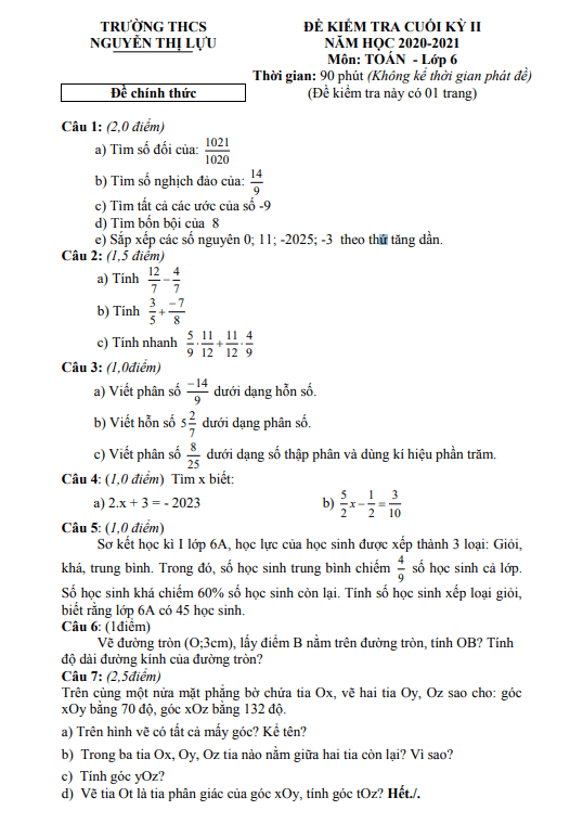 Đề kiểm tra cuối học kì 2 (HK2) lớp 6 môn Toán năm 2020 2021 trường THCS Nguyễn Thị Lựu Đồng Tháp 3 de kiem tra cuoi hoc ki 2 hk2 lop 6 mon toan nam 2020 2021 truong thcs nguyen thi luu dong thap d