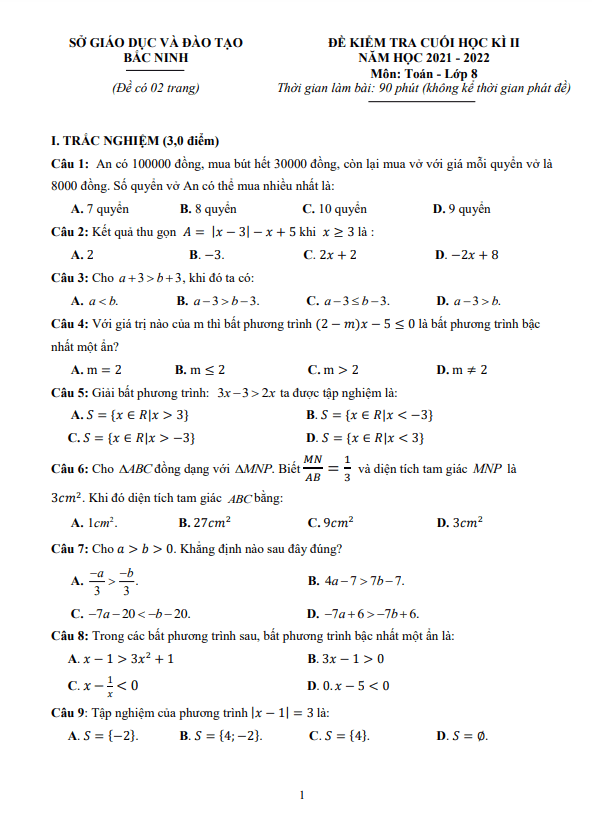 Đề kiểm tra cuối học kì 2 (HK2) lớp 8 môn Toán năm 2021 2022 sở GD ĐT Bắc Ninh 7 de kiem tra cuoi hoc ki 2 hk2 lop 8 mon toan nam 2021 2022 so gd dt bac ninh d