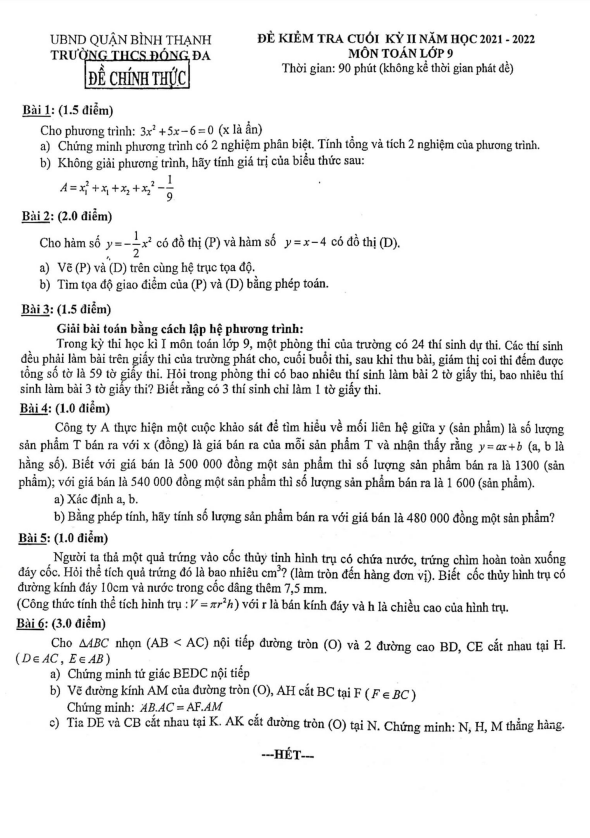 de kiem tra cuoi hoc ki 2 hk2 lop 9 mon toan nam 2021 2022 truong thcs dong da tp hcm d