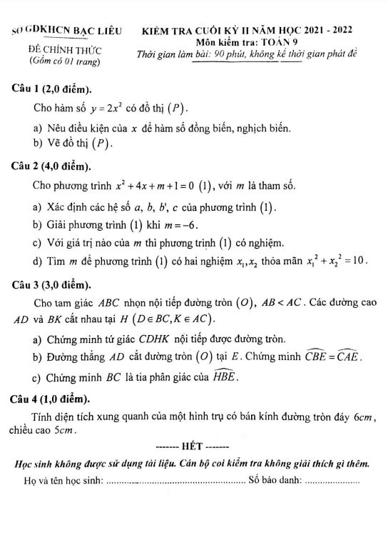 de kiem tra cuoi hoc ki 2 hk2 lop 9 mon toan nam hoc 2021 2022 so gdkhcn bac lieu d