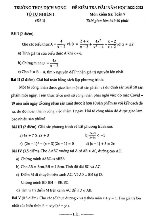 de kiem tra dau nam lop 9 mon toan nam 2022 2023 truong thcs dich vong ha noi d