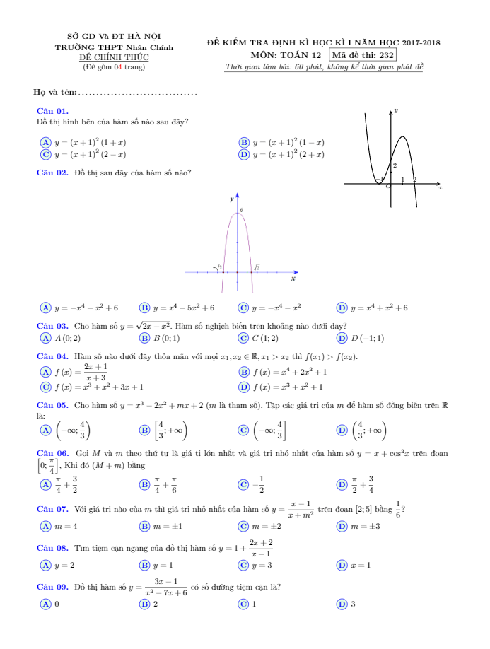 de kiem tra dinh ki hoc ki i nam hoc 2017 2018 lop 12 mon toan truong thpt nhan chinh ha noi d
