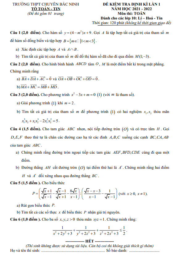 de kiem tra dinh ki lan 1 lop 10 mon toan nam 2021 2022 truong thpt chuyen bac ninh d