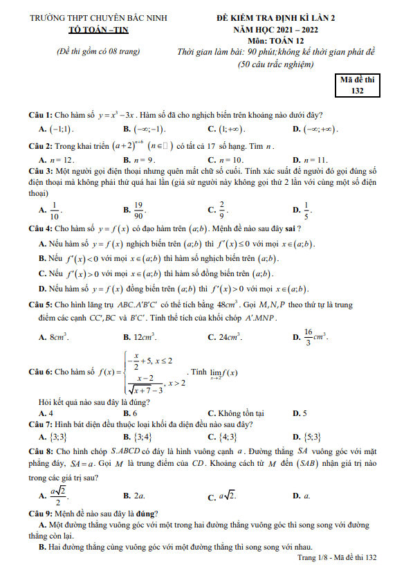 de kiem tra dinh ki lan 2 lop 12 mon toan nam 2021 2022 truong thpt chuyen bac ninh d