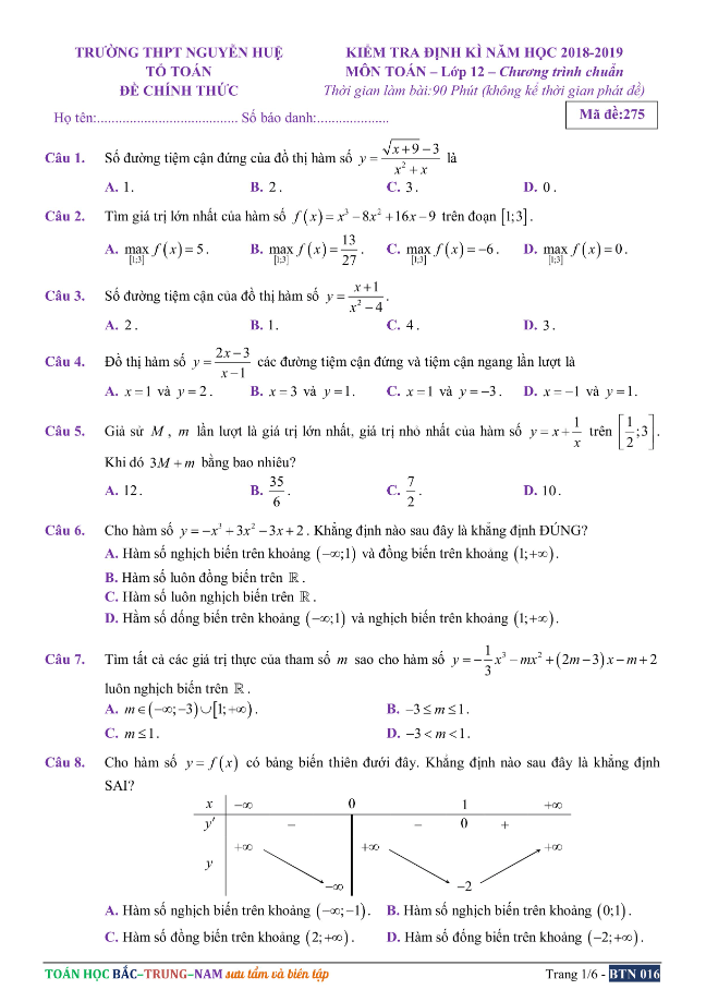 Đề kiểm tra định kì lớp 12 môn Toán năm học 2018 2019 trường THPT Nguyễn Huệ TT. Huế 2 de kiem tra dinh ki lop 12 mon toan nam hoc 2018 2019 truong thpt nguyen hue tt hue d