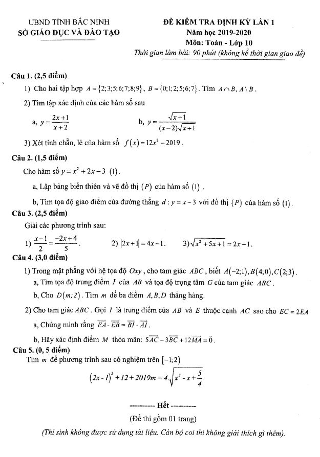 Đề kiểm tra định kỳ lần 1 lớp 10 môn Toán năm 2019 2020 sở GD ĐT Bắc Ninh 2 de kiem tra dinh ky lan 1 lop 10 mon toan nam 2019 2020 so gd dt bac ninh d