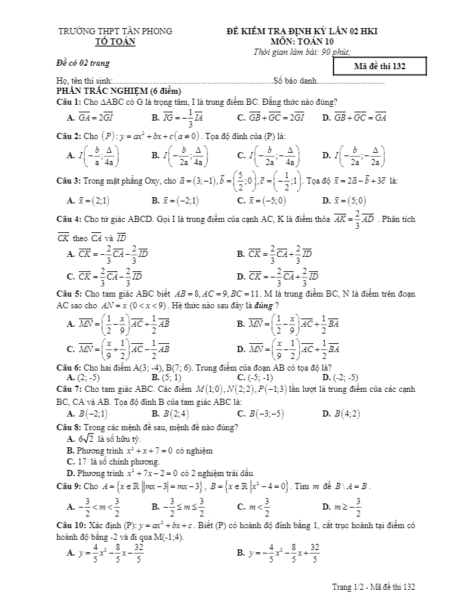 de kiem tra dinh ky lan 2 hoc ki 1 hk1 lop 10 mon toan truong thpt tan phong bac lieu d