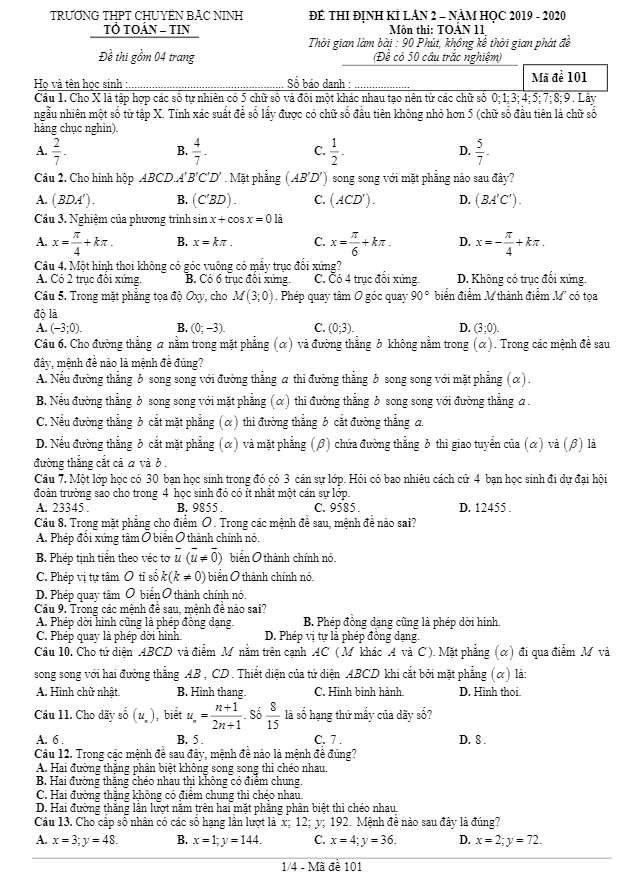 de kiem tra dinh ky lan 2 lop 11 mon toan nam 2019 2020 truong chuyen bac ninh d