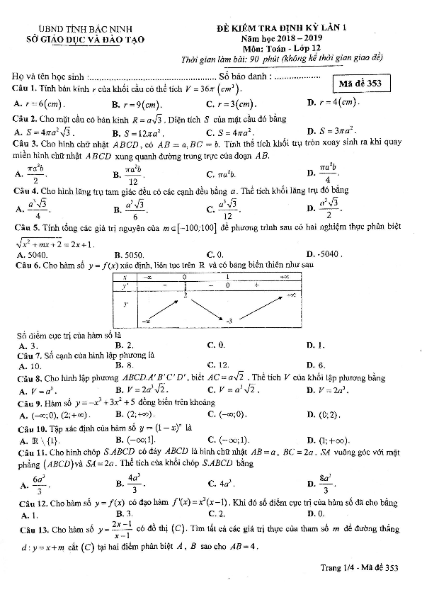 de kiem tra dinh ky lop 12 mon toan lan 1 nam 2018 2019 so gd va dt bac ninh d