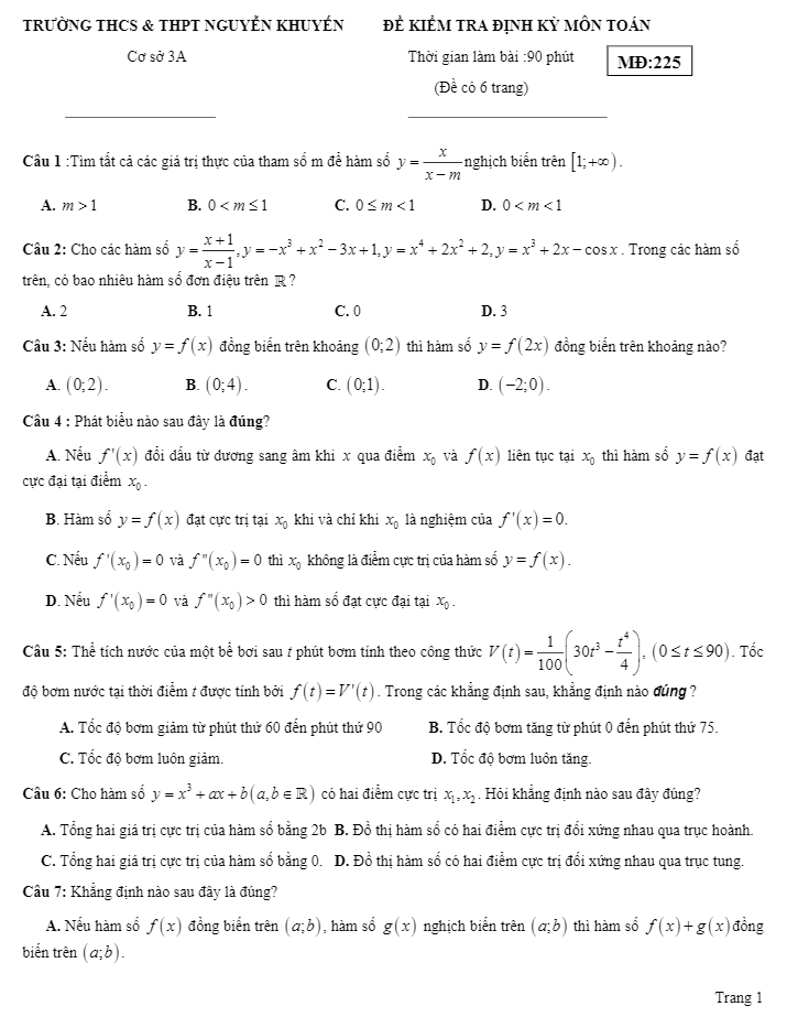 de kiem tra dinh ky lop 12 mon toan truong thcs thpt nguyen khuyen tp hcm d