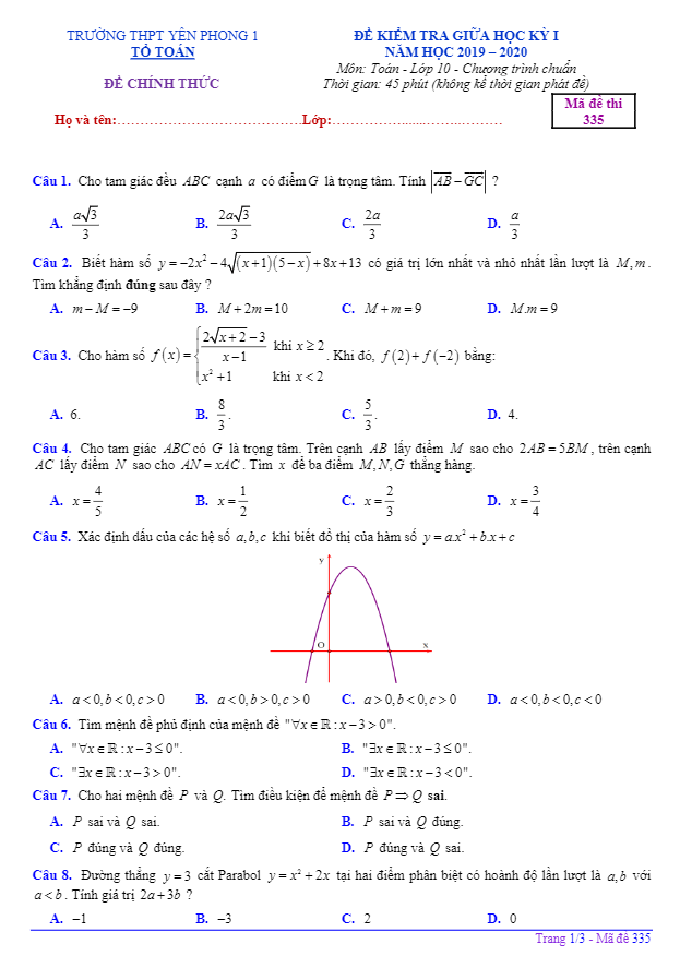 de kiem tra giua hoc ki 1 hk1 lop 10 mon toan nam 2019 2020 truong yen phong 1 bac ninh d