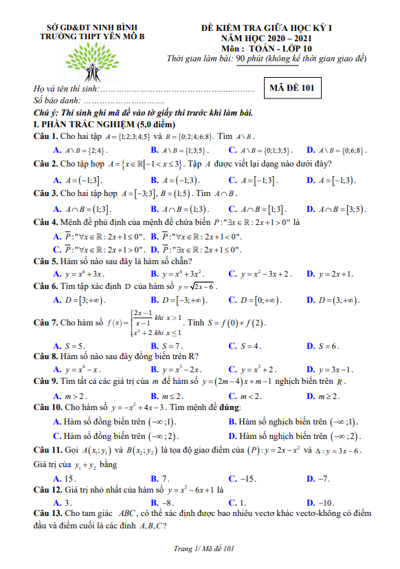de kiem tra giua hoc ki 1 hk1 lop 10 mon toan nam 2020 2021 truong thpt yen mo b ninh binh d