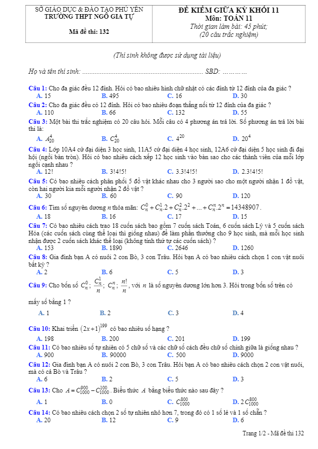 de kiem tra giua hoc ki 1 hk1 lop 11 mon toan nam 2019 2020 truong ngo gia tu phu yen d