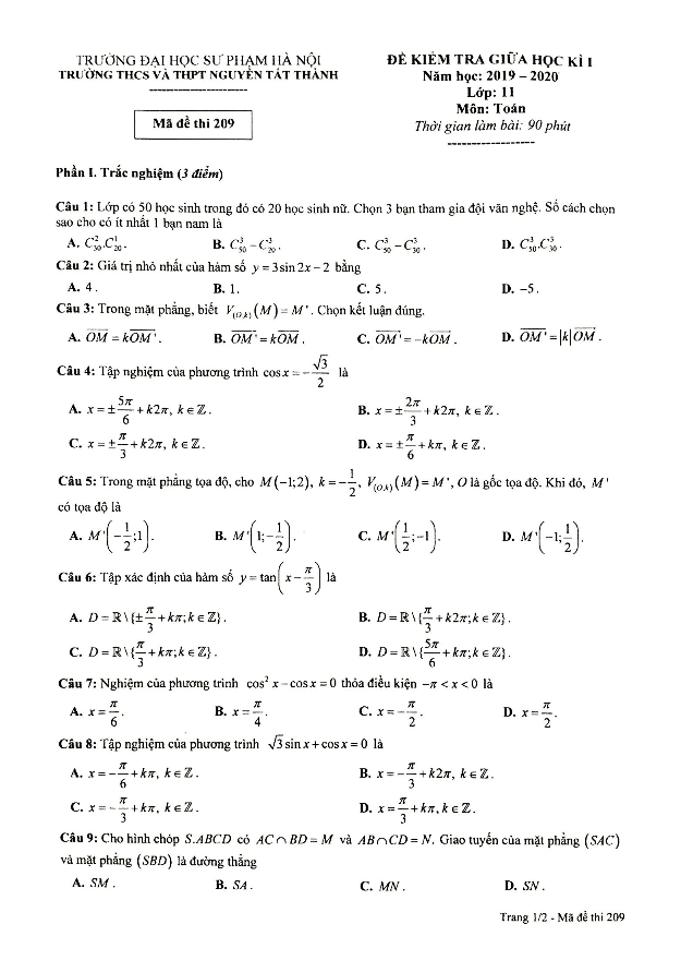 de kiem tra giua hoc ki 1 hk1 lop 11 mon toan nam 2019 2020 truong nguyen tat thanh ha noi d