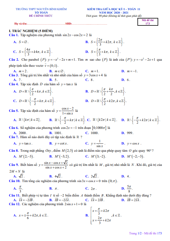 de kiem tra giua hoc ki 1 hk1 lop 11 mon toan nam 2020 2021 truong nguyen binh khiem gia lai d