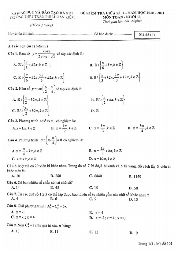 de kiem tra giua hoc ki 1 hk1 lop 11 mon toan nam 2020 2021 truong thpt tran phu ha noi d