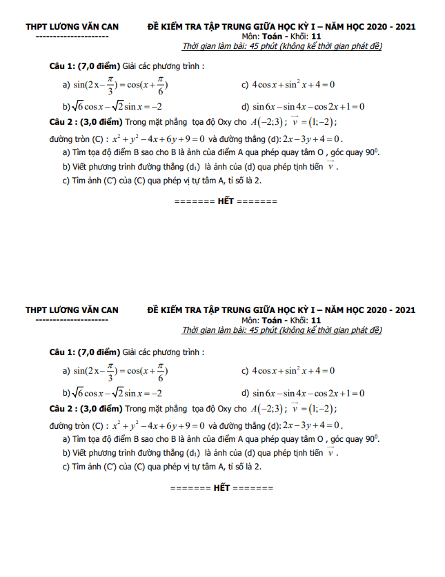 de kiem tra giua hoc ki 1 hk1 lop 11 mon toan nam 2020 e28093 2021 truong thpt luong van can e28093 tp hcm d