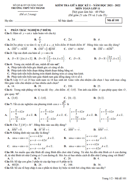 de kiem tra giua hoc ki 1 hk1 lop 11 mon toan nam 2021 2022 truong thpt nui thanh quang nam d