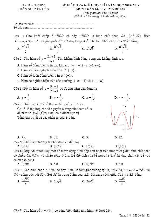 Đề kiểm tra giữa học kì 1 (HK1) lớp 12 môn Toán năm 2018 2019 trường THPT Trần Nguyên Hãn Vũng Tàu 7 de kiem tra giua hoc ki 1 hk1 lop 12 mon toan nam 2018 2019 truong thpt tran nguyen han vung tau d