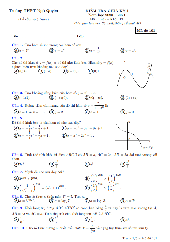 de kiem tra giua hoc ki 1 hk1 lop 12 mon toan nam 2020 2021 truong thpt ngo quyen binh thuan d