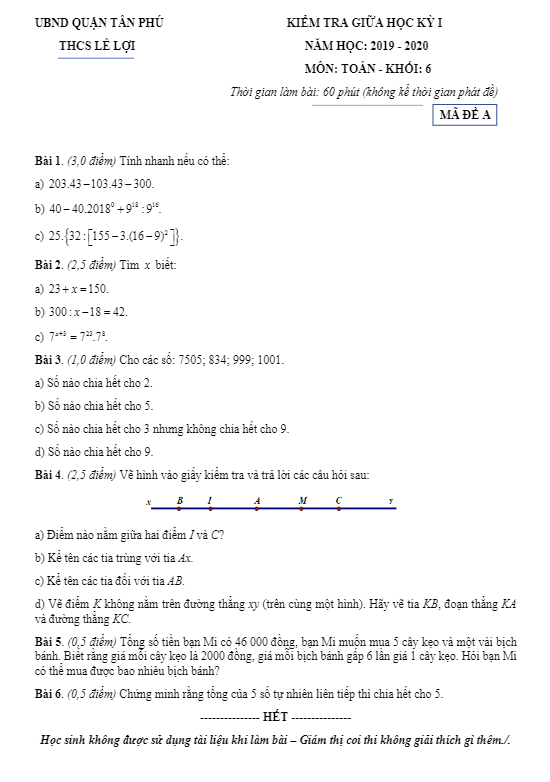 Đề kiểm tra giữa học kì 1 (HK1) lớp 6 môn Toán năm 2019 2020 trường THCS Lê Lợi TP HCM 2 de kiem tra giua hoc ki 1 hk1 lop 6 mon toan nam 2019 2020 truong thcs le loi tp hcm d