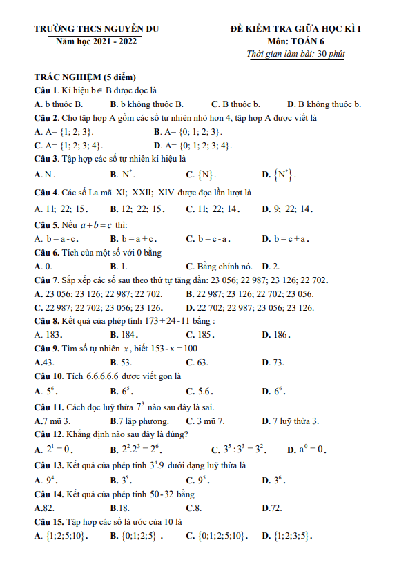 de kiem tra giua hoc ki 1 hk1 lop 6 mon toan nam 2021 2022 truong thcs nguyen du ha noi d