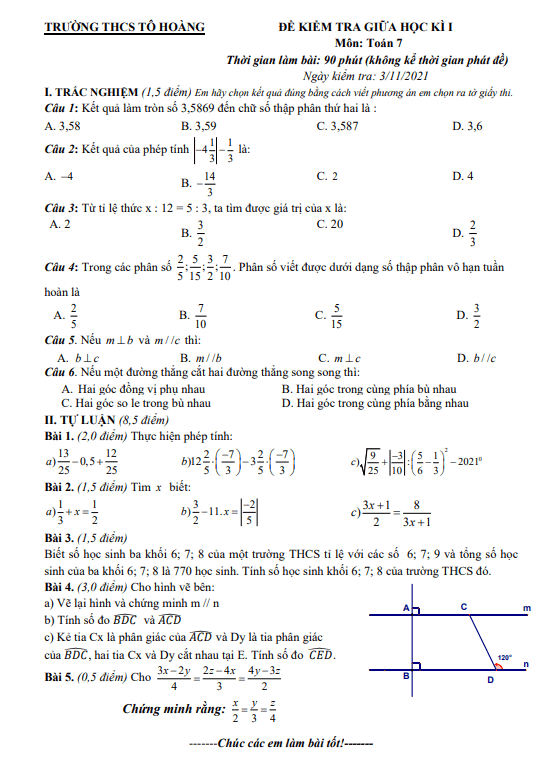 de kiem tra giua hoc ki 1 hk1 lop 7 mon toan nam 2021 2022 truong thcs to hoang ha noi d