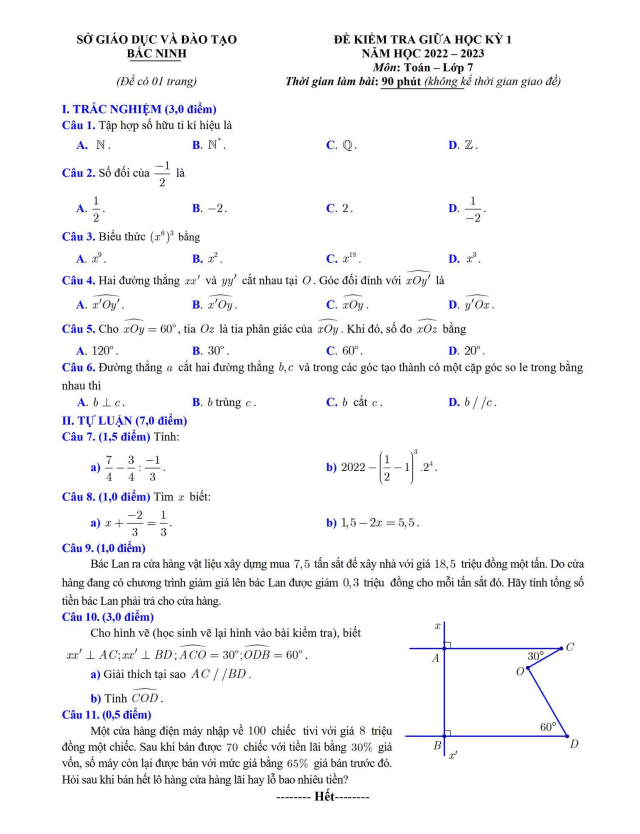 Đề kiểm tra giữa học kì 1 (HK1) lớp 7 môn Toán năm 2022 2023 sở GD ĐT Bắc Ninh 1 de kiem tra giua hoc ki 1 hk1 lop 7 mon toan nam 2022 2023 so gd dt bac ninh d
