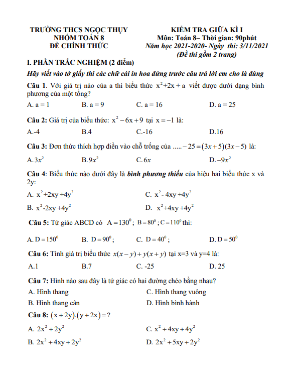 Đề kiểm tra giữa học kì 1 (HK1) lớp 8 môn Toán năm 2021 2022 trường THCS Ngọc Thụy Hà Nội 6 de kiem tra giua hoc ki 1 hk1 lop 8 mon toan nam 2021 2022 truong thcs ngoc thuy ha noi d