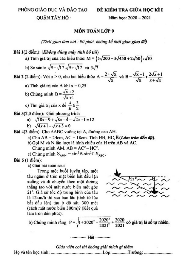 de kiem tra giua hoc ki 1 hk1 lop 9 mon toan nam 2020 e28093 2021 phong gd dt tay ho e28093 ha noi d