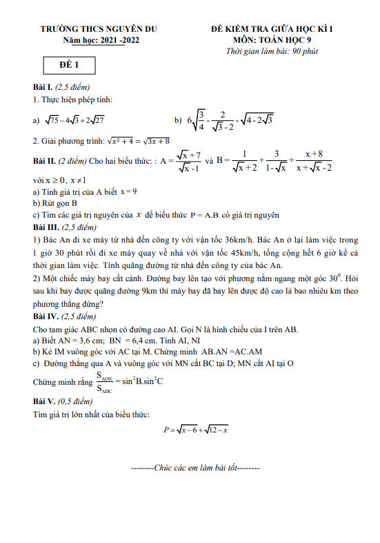 de kiem tra giua hoc ki 1 hk1 lop 9 mon toan nam 2021 2022 truong thcs nguyen du ha noi d