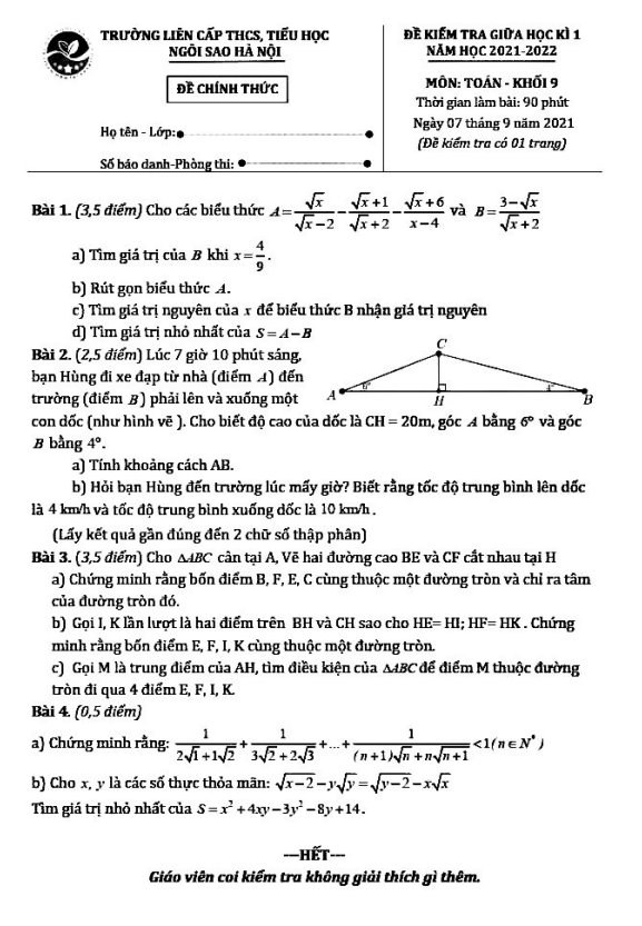de kiem tra giua hoc ki 1 hk1 lop 9 mon toan nam 2021 e28093 2022 truong th thcs ngoi sao ha noi d