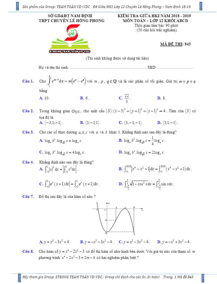 de kiem tra giua hoc ki 1 hk1 nam 2018 lop 12 mon toan truong thpt chuyen le hong phong nam dinh d