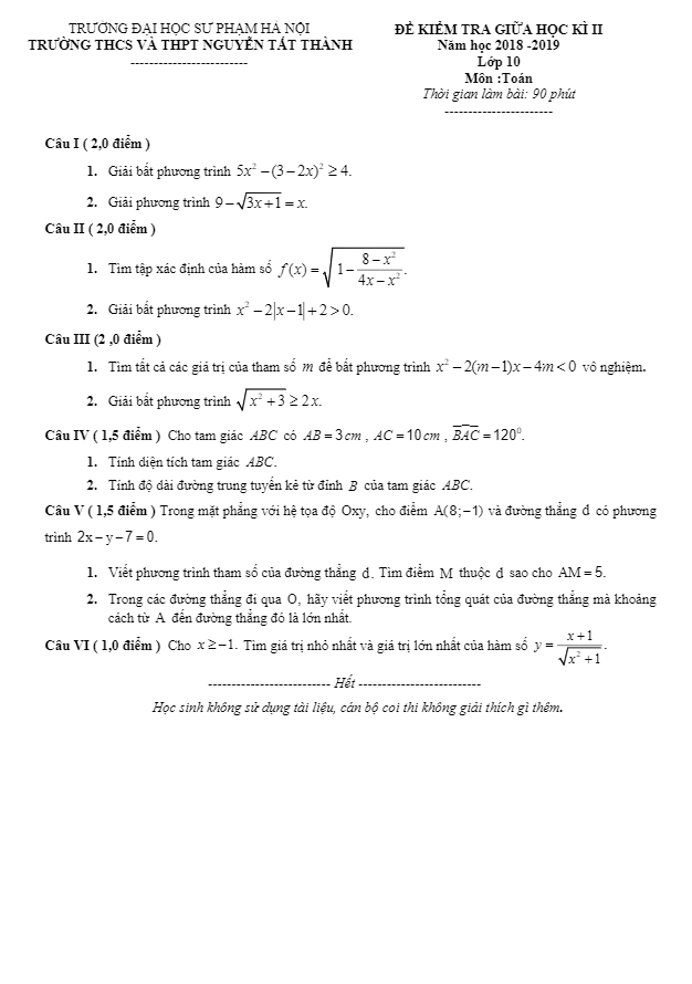 de kiem tra giua hoc ki 2 hk2 lop 10 mon toan nam 2019 truong nguyen tat thanh ha noi d
