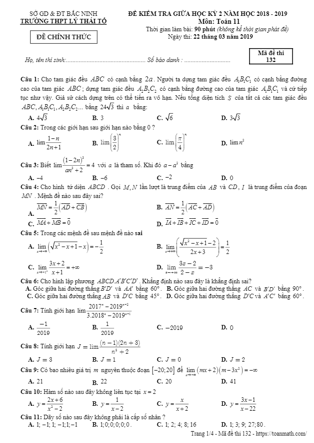 Đề kiểm tra giữa học kì 2 (HK2) lớp 11 môn Toán năm 2018 2019 trường Lý Thái Tổ Bắc Ninh 8 de kiem tra giua hoc ki 2 hk2 lop 11 mon toan nam 2018 2019 truong ly thai to bac ninh d
