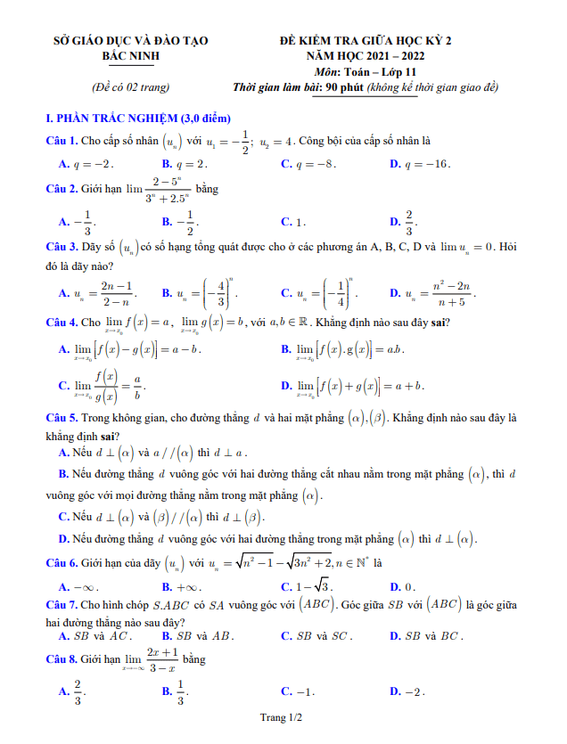 de kiem tra giua hoc ki 2 hk2 lop 11 mon toan nam 2021 2022 so gd dt bac ninh d
