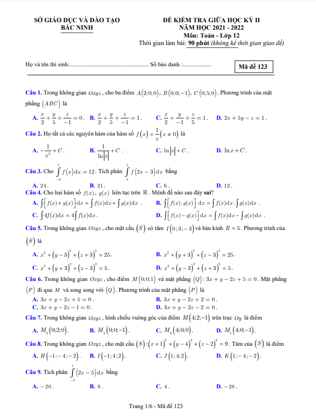 de kiem tra giua hoc ki 2 hk2 lop 12 mon toan nam 2021 2022 so gd dt bac ninh d