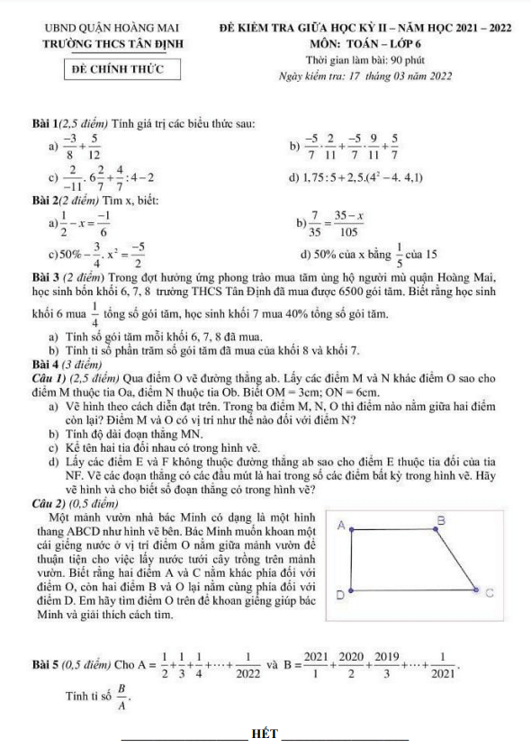 de kiem tra giua hoc ki 2 hk2 lop 6 mon toan nam 2021 2022 truong thcs tan dinh ha noi d