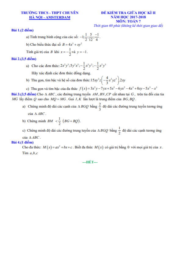 de kiem tra giua hoc ki 2 hk2 lop 7 mon toan nam 2017 2018 truong chuyen ha noi amsterdam d