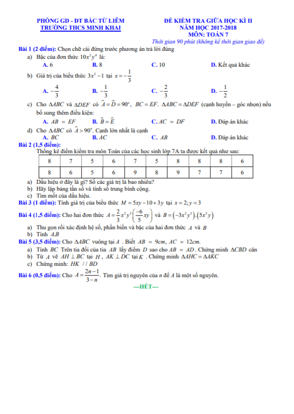 de kiem tra giua hoc ki 2 hk2 lop 7 mon toan nam 2017 2018 truong thcs minh khai ha noi d