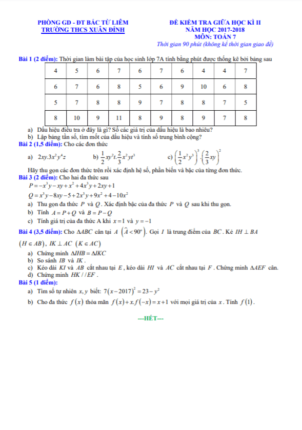 Đề kiểm tra giữa học kì 2 (HK2) lớp 7 môn Toán năm 2017 2018 trường THCS Xuân Đỉnh Hà Nội 3 de kiem tra giua hoc ki 2 hk2 lop 7 mon toan nam 2017 2018 truong thcs xuan dinh ha noi d