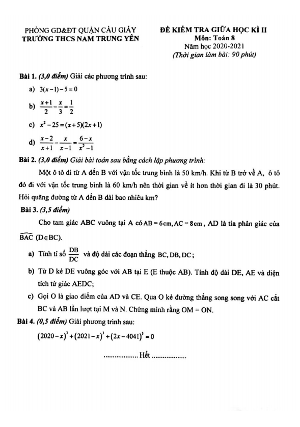 de kiem tra giua hoc ki 2 hk2 lop 8 mon toan nam 2020 2021 truong nam trung yen ha noi d