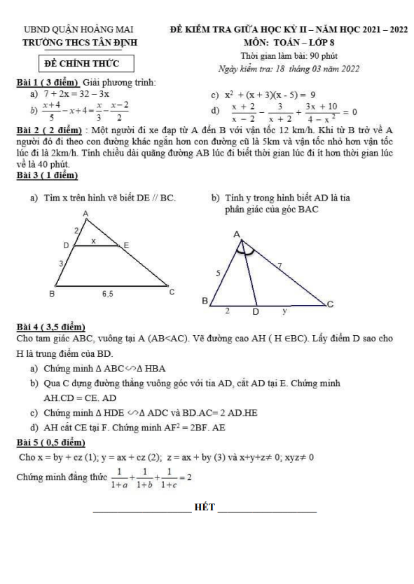 de kiem tra giua hoc ki 2 hk2 lop 8 mon toan nam 2021 2022 truong thcs tan dinh ha noi d